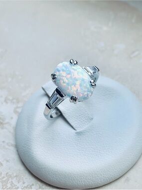 Sterling Silver Oval White Lab Opal Ring, Silver Rings, Wedding, Engagement